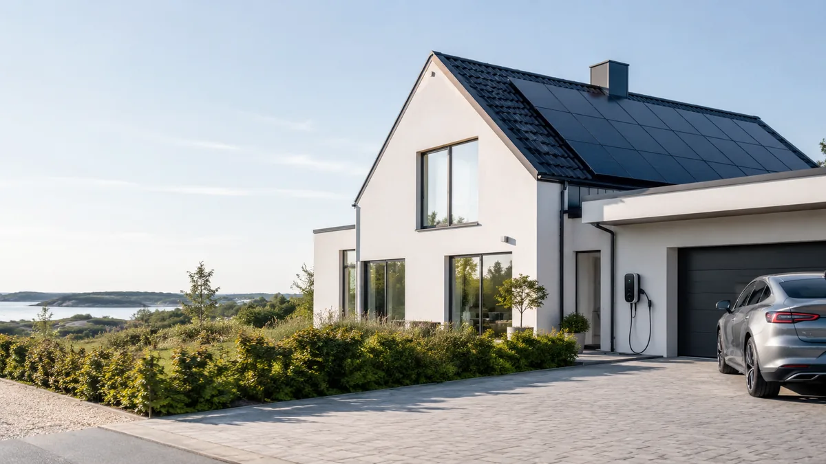 Modern villa med solceller, laddbox och elbil